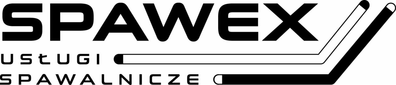 Czarno-białe logo firmy SPAWEX Usługi Spawalnicze z trzema stylizowanymi elementami przypominającymi spoiny spawalnicze po prawej stronie.