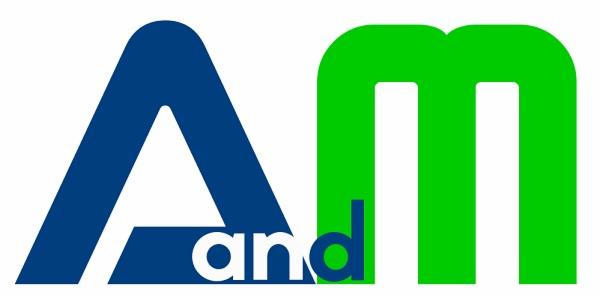 Logo firmy z niebieską literą A, napisem 'and' i zieloną literą M na białym tle.