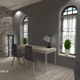 Wnętrze biura domowego w szarościach: biurko, krzesła z wzorem, lampa, okna łukowe z żaluzjami i rośliny. Ściana z cegły i ażurowy parawan dodają charakteru.