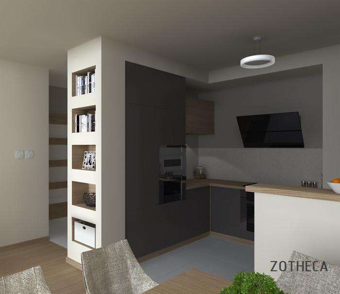 Wizualizacja szarej kuchni w nowoczesnym stylu z czarnymi frontami, oświetleniem LED i regałem z półkami na książki. Widoczny fragment stołu i krzesła.