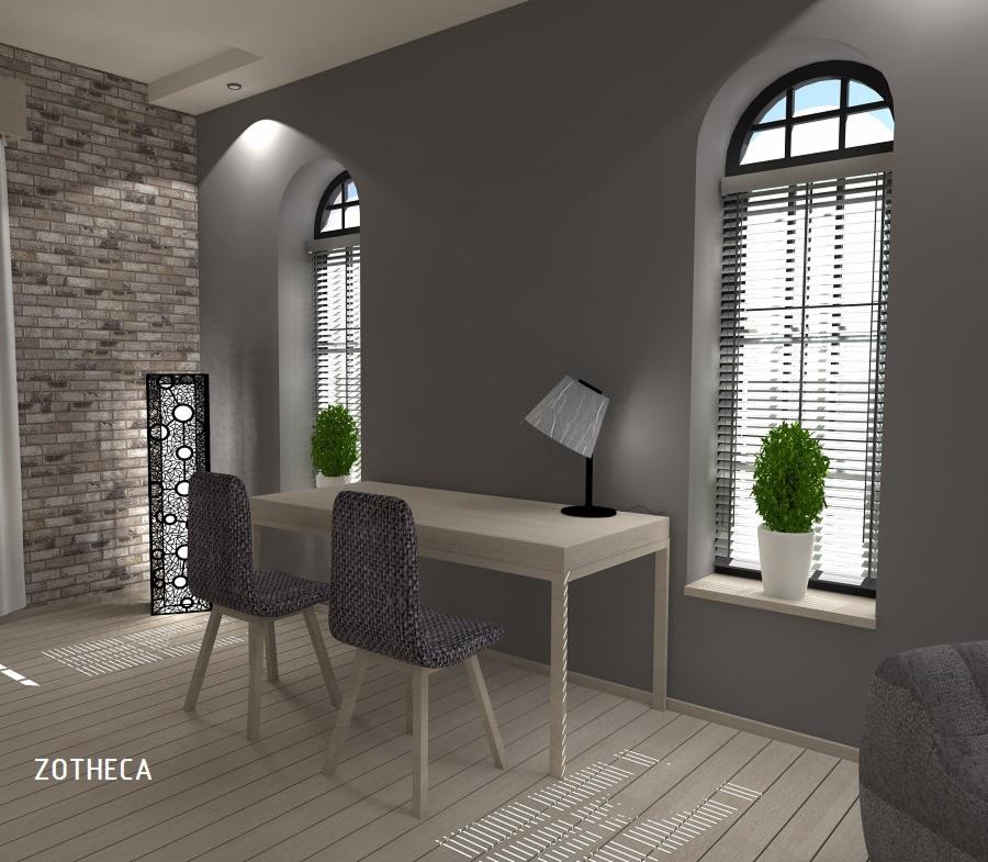 Wnętrze biura domowego w szarościach: biurko, krzesła z wzorem, lampa, okna łukowe z żaluzjami i rośliny. Ściana z cegły i ażurowy parawan dodają charakteru.