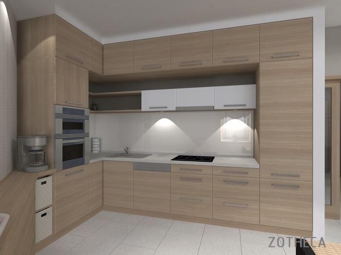 Wizualizacja kuchni w odcieniach beżu z drewnianymi frontami, srebrnymi uchwytami i białym blatem. Widoczny ekspres do kawy i płyta grzewcza. Białe, kwadratowe płytki na podłodze.