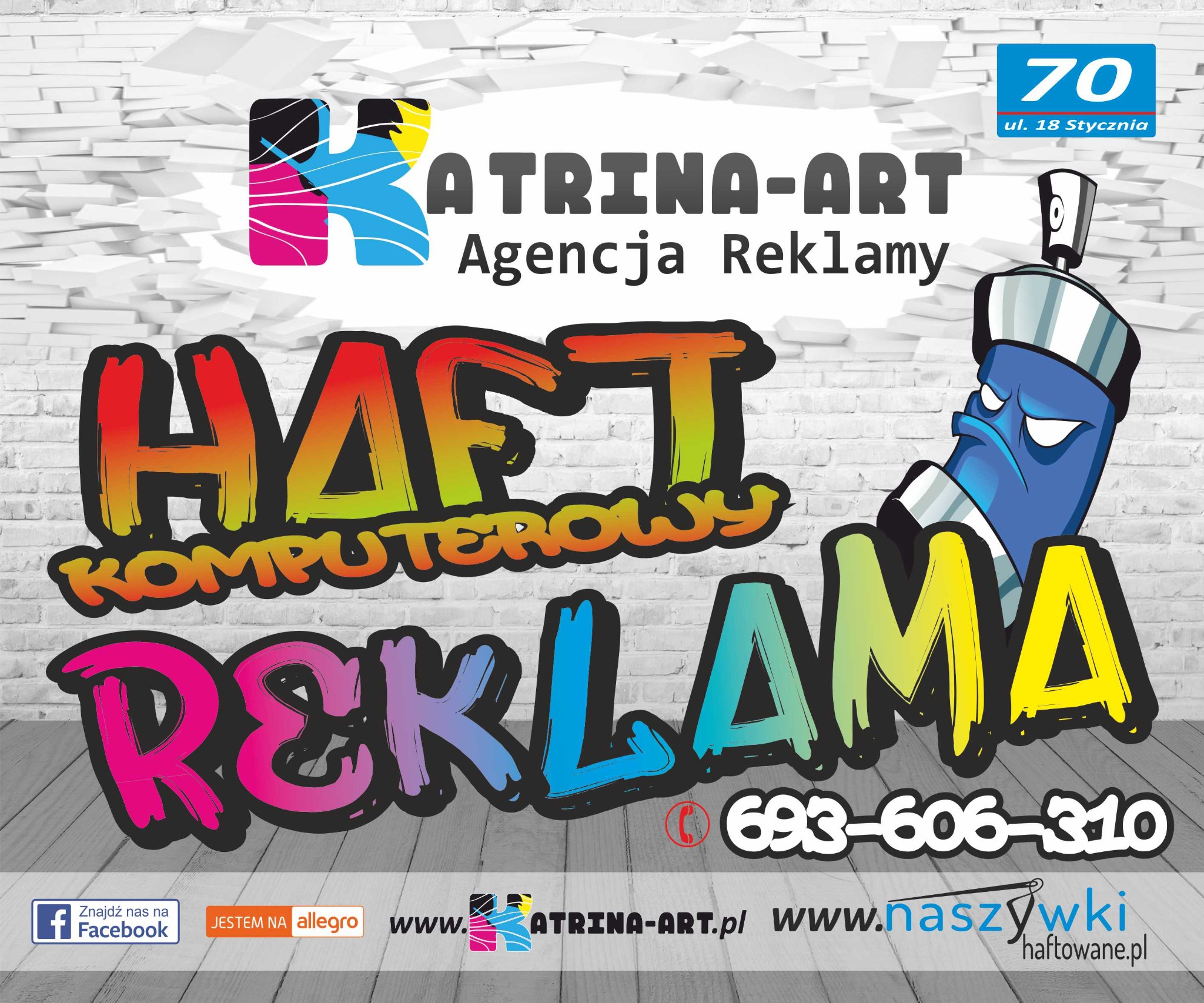 Kolorowa grafika reklamowa agencji reklamowej z napisem 'Haft Komputerowy Reklama', logiem firmy 'Atrina-Art', numerem telefonu, adresami stron internetowych i ikonami Facebooka i Allegro na tle...
