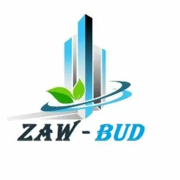 Logo firmy budowlanej ZAW-BUD z abstrakcyjnym budynkiem w kolorach niebieskich i zielonymi liśćmi.