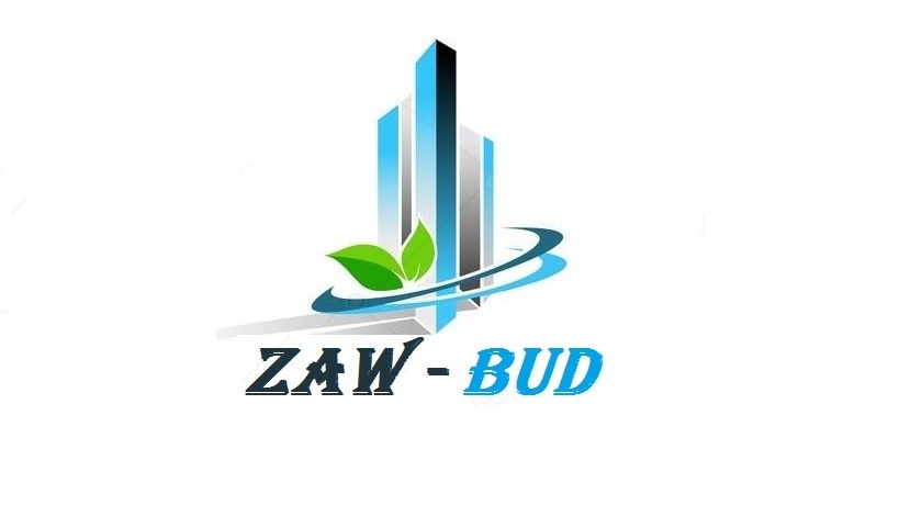 Logo firmy budowlanej ZAW-BUD z abstrakcyjnym budynkiem w kolorach niebieskich i zielonymi liśćmi.