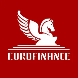 Logo firmy Eurofinance: biały pegaz na czerwonym tle z nazwą firmy poniżej.