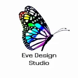Kolorowe logo firmy Eve Design Studio przedstawiające skrzydło motyla z gradientem barw: czerwony, żółty, zielony, niebieski i fioletowy, na białym tle.