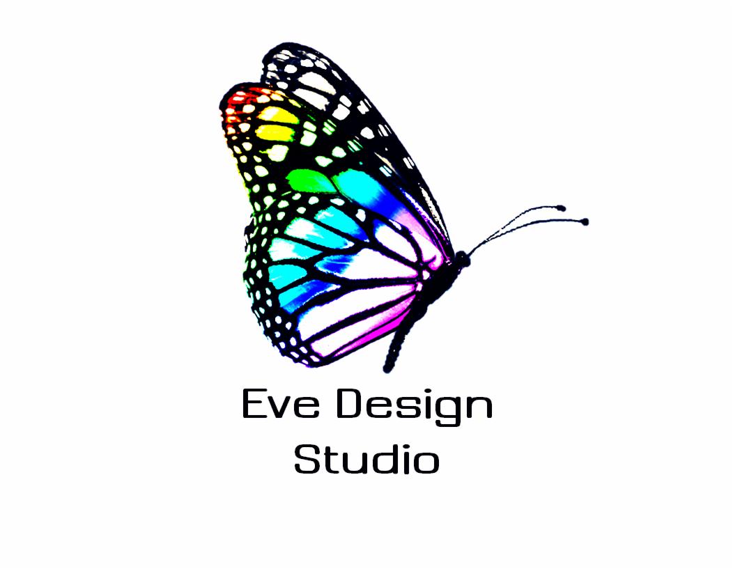 Kolorowe logo firmy Eve Design Studio przedstawiające skrzydło motyla z gradientem barw: czerwony, żółty, zielony, niebieski i fioletowy, na białym tle.