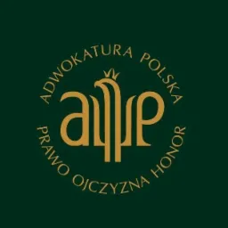 Złote logo Adwokatury Polskiej na ciemnozielonym tle, z napisem 'Prawo Ojczyzna Honor' otaczającym stylizowany wizerunek orła z koroną.