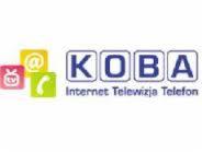 Logo firmy KOBA z ikonami symbolizującymi usługi: e-mail, telewizja i telefon oraz napisem 'Internet Telewizja Telefon'.