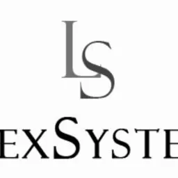 Logo LexSystem: stylizowany monogram 'LS' nad nazwą firmy, czcionka Times New Roman, elegancki minimalizm.
