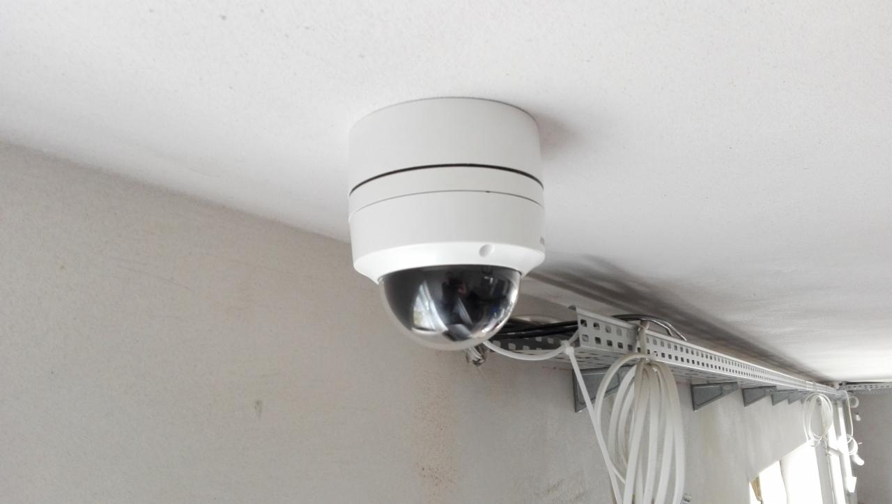 Biała kamera IP kopułkowa zamontowana na suficie, widoczne kable w korytku kablowym.