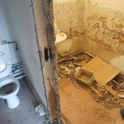 Projekt RS - Łazienka w trakcie demontażu, widoczne dwie strefy: toaleta z otwartą klapą i zapasem papieru oraz strefa zdemontowanych płytek, rur i gruzu, oddzielone fragmentem ściany z wystającymi gwoździami.