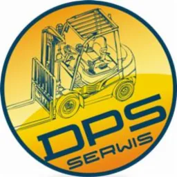 Ilustracja wózka widłowego na tle żółto-pomarańczowego okręgu z niebieską obwódką, z napisem 'DPS SERWIS' w dolnej części.