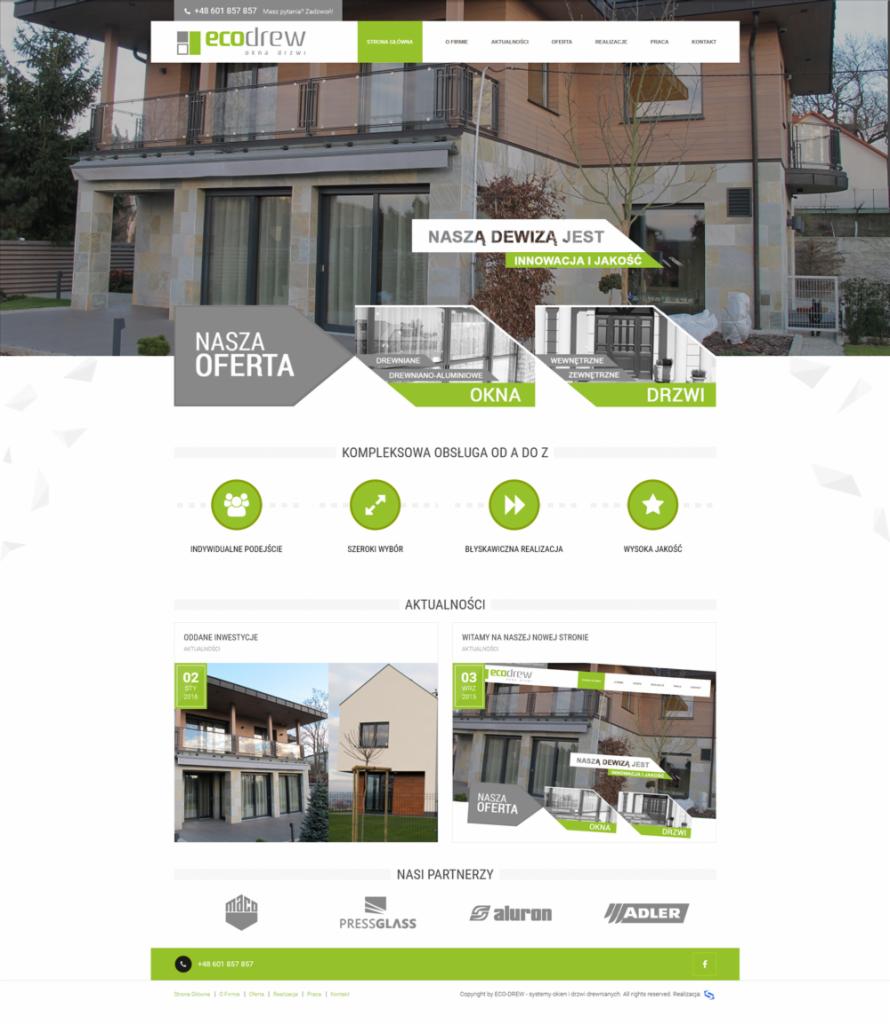 Grafika strony internetowej firmy Ecodrew prezentująca ofertę okien i drzwi, z widocznym budynkiem w tle i logo firmy w nagłówku.