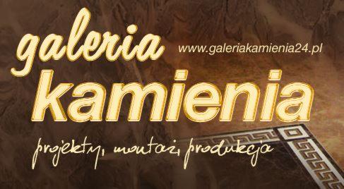 Logo firmy 'galeriakamienia24.pl' z hasłem 'projekty, montaż, produkcja' na tle imitującym kamień.