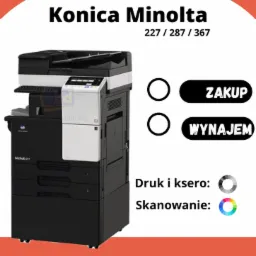 Wydajna drukarka Konica Minolta bizhub 227/287/367 w czarno-białej obudowie, z opcjami zakupu i wynajmu, przeznaczona do druku i skanowania w biurze, prezentowana na reklamowym tle.