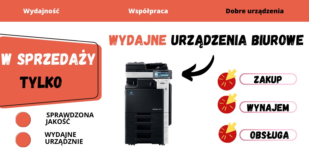 Grafika reklamowa prezentująca czarno-białą kserokopiarkę biurową z panelem dotykowym, obok której znajdują się informacje o sprzedaży, wynajmie i obsłudze urządzenia.