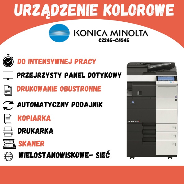 Kolorowe urządzenie wielofunkcyjne Konica Minolta C224E-C454E z panelem dotykowym, funkcją druku obustronnego, automatycznym podajnikiem, możliwością kopiowania, drukowania i skanowania...