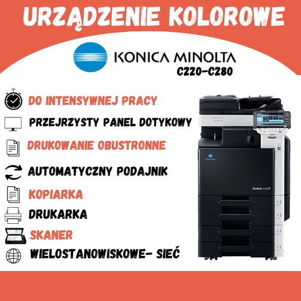 Kolorowa kserokopiarka Konica Minolta C220-C280 z opisem funkcji: intensywna praca, dotykowy panel, druk dwustronny, automatyczny podajnik, kopiarka, drukarka, skaner, sieć.
