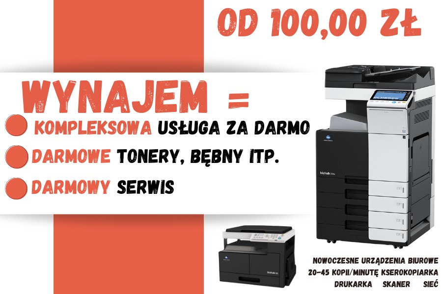 Grafika reklamowa oferująca wynajem kserokopiarki z darmowymi tonerami i serwisem, prezentująca dwa modele urządzeń biurowych.