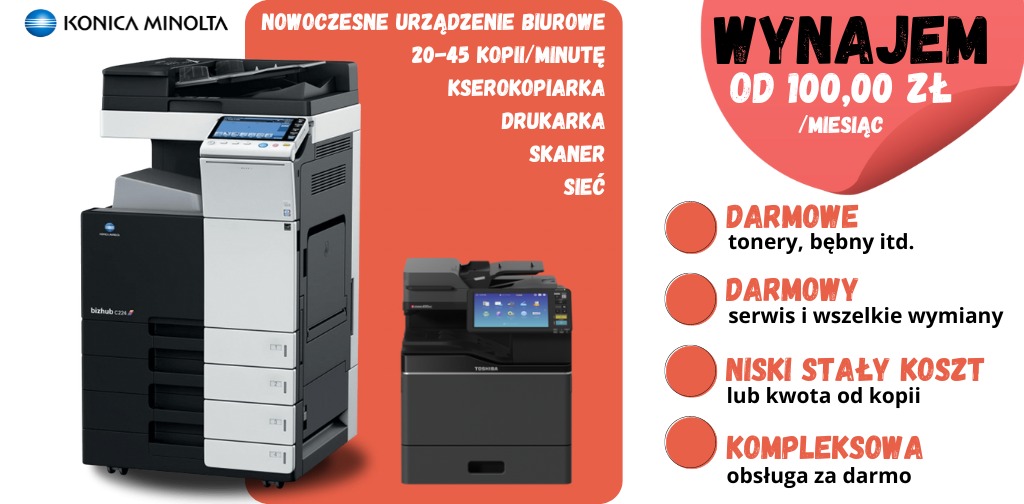 Dwie kserokopiarki: Konica Minolta bizhub C224 i Toshiba, na czerwonym tle z informacją o wynajmie od 100 zł miesięcznie oraz darmowych tonerach i serwisie.