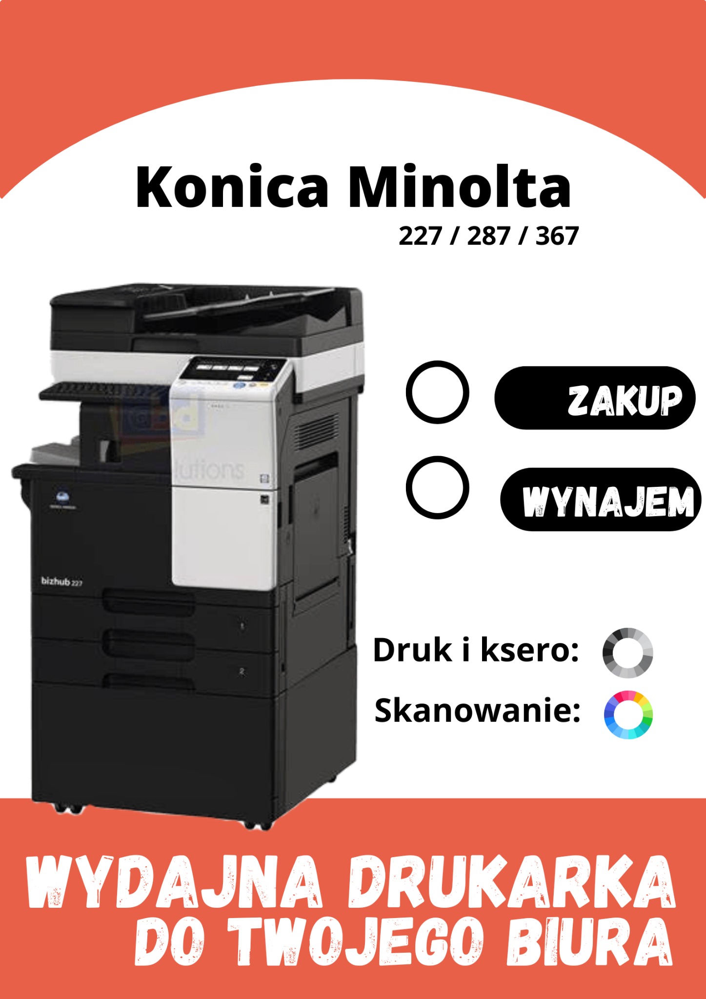 Wydajna drukarka Konica Minolta bizhub 227/287/367 w czarno-białej obudowie, z opcjami zakupu i wynajmu, przeznaczona do druku i skanowania w biurze, prezentowana na reklamowym tle.