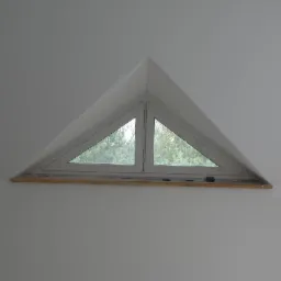 Trójkątne okno dachowe z białymi ramami, widok na zewnątrz na drzewa, świeżo pomalowana biała ściana, widoczna dolna krawędź okna z drobnymi zabrudzeniami.