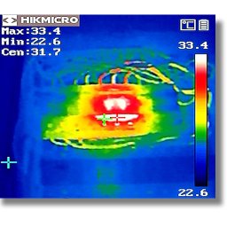 AVO technika sp z o o - Termogram instalacji elektrycznej z zaznaczonym punktem pomiaru, wskazujący temperaturę w stopniach Celsjusza. Widoczne wartości minimalne, maksymalne i centralne.
