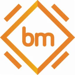 Pomarańczowe logo firmy 'bm' w rombie z dodatkowymi liniami, gradient od góry.