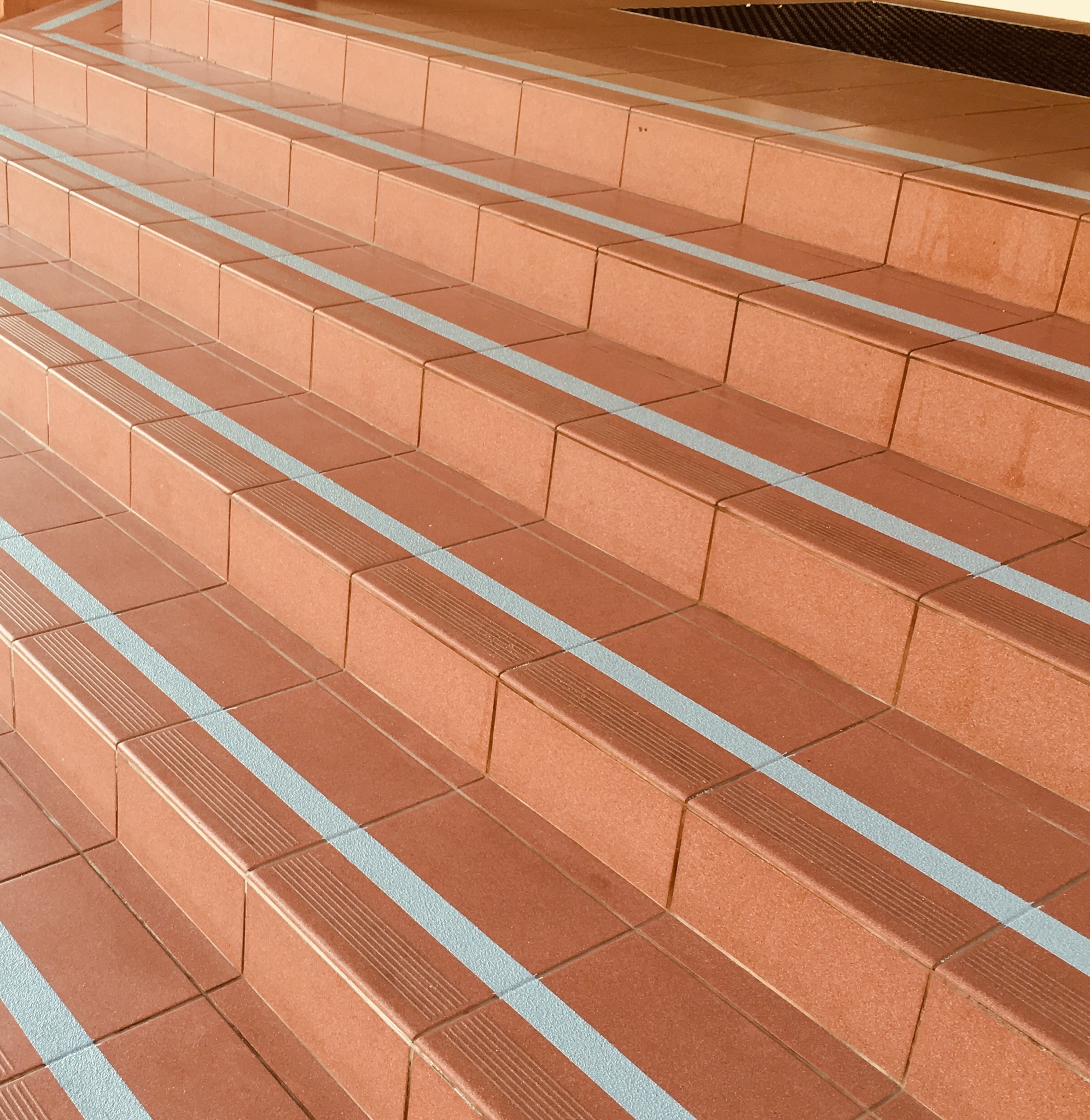 Schody zewnętrzne z płytek - linie antypoślizgowe przy krawędzi stopnic