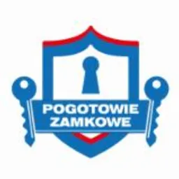 Logo Pogotowie Zamkowe w kształcie tarczy z kluczem i dziurką od klucza, otoczone dwoma kluczami po bokach.