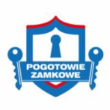 Logo Pogotowie Zamkowe w kształcie tarczy z kluczem i dziurką od klucza, otoczone dwoma kluczami po bokach.