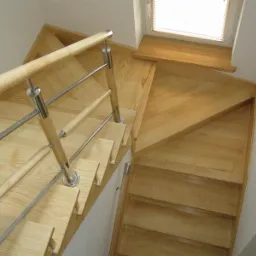 Jasne, drewniane schody z metalową balustradą i drewnianymi poręczami, widok z góry, oświetlone naturalnym światłem wpadającym przez okno.