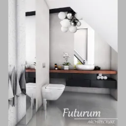 Nowoczesna łazienka na poddaszu z białą ceramiką, czarnymi szafkami pod umywalką z drewnianym blatem, dekoracyjną lampą kulistą i wzorzystymi płytkami na ścianie.