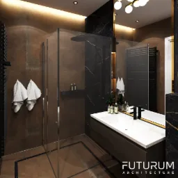 Wizualizacja łazienki w ciemnych brązach i czerni z marmurowymi akcentami, kabina prysznicowa typu walk-in, umywalka nablatowa z ciemnego drewna, dekoracyjne oświetlenie sufitowe, ręczniki...