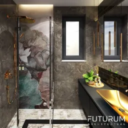 Wizualizacja łazienki z marmurowymi ścianami, złotą armaturą, kabiną prysznicową z motywem kwiatowym oraz czarną szafką z umywalką w kolorze złota.