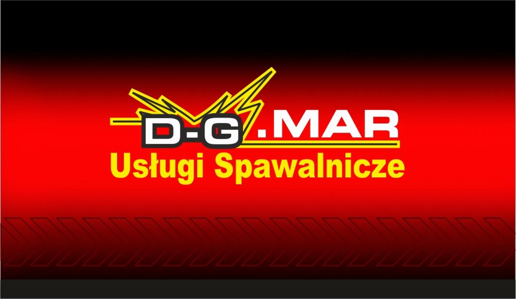 Grafika z logo firmy D-G.MAR i napisem 'Usługi Spawalnicze' na czerwono-czarnym tle z motywem błyskawicy.