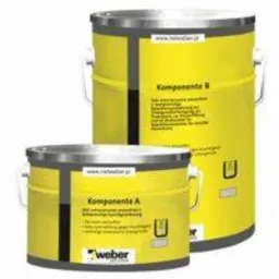 Dwa żółte wiadra z etykietami 'Komponent A' i 'Komponent B', z metalowymi uchwytami i srebrnymi pokrywami, ustawione na białym tle. Widoczny adres strony internetowej.