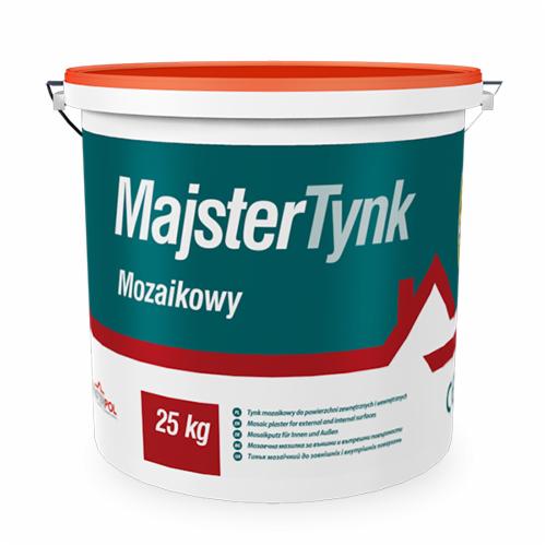 Białe wiadro z mozaikowym tynkiem MajsterTynk o wadze 25 kg, z pomarańczową pokrywą i uchwytem, na białym tle. Widoczne napisy i grafika czerwonego dachu.