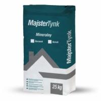 Worek zaprawy tynkarskiej MajsterTynk 25kg na białym tle. Widoczny napis 'Mineralny', grafika domu i informacja o wadze. Opakowanie w odcieniach bieli i ciemnej zieleni.