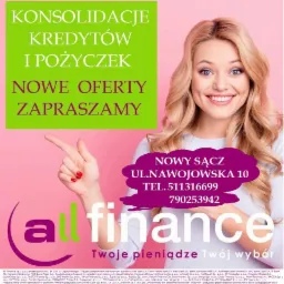 Plakat reklamowy z uśmiechniętą blondynką, informujący o konsolidacji kredytów i pożyczek, z adresem i numerami telefonów oddziału w Nowym Sączu oraz logo firmy All Finance.