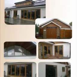 Zestawienie zdjęć prezentujących różne rodzaje okien drewnianych: duże przesuwne okna tarasowe, okno w garażu z drewnianą bramą oraz okno dachowe w drewnianej obudowie.