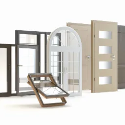 Różne typy okien i drzwi na białym tle: okno dachowe, okno PCV, okno z łukiem, drzwi wewnętrzne z przeszkleniami, drzwi antywłamaniowe z zamkiem.