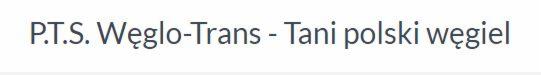Tekst 'P.T.S. Węglo-Trans - Tani polski węgiel' na białym tle. Informacja o firmie oferującej tani polski węgiel.