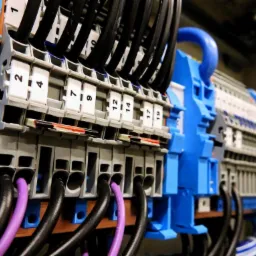 Szczegółowe ujęcie panelu elektrycznego z niebieskimi i szarymi elementami, widoczne czarne i fioletowe kable podłączone do oznaczonych numerami złącz.