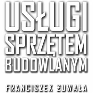 Biały napis 'Usługi Sprzętem Budowlanym Franciszek Żuwała' na białym tle z cieniem, prezentujący ofertę firmy z branży budowlanej.