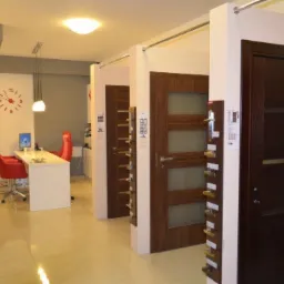 Ekspozycja drzwi wewnętrznych w salonie: modele z przeszkleniami i pełne, w odcieniach brązu, z prezentacją klamek i okuć. W tle biuro z czerwonymi krzesłami.