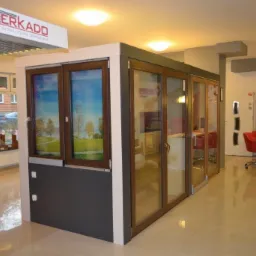 Ekspozycja okien i drzwi przesuwnych w salonie, z brązowymi ramami i widokiem na zewnątrz. Jasne wnętrze, błyszcząca podłoga, nowoczesny design.