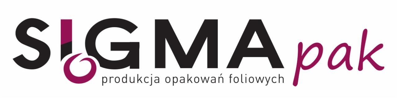 Logo firmy Sigma Pak z Krzepic, produkującej opakowania foliowe, w kolorach czarnym i fioletowym, na białym tle.